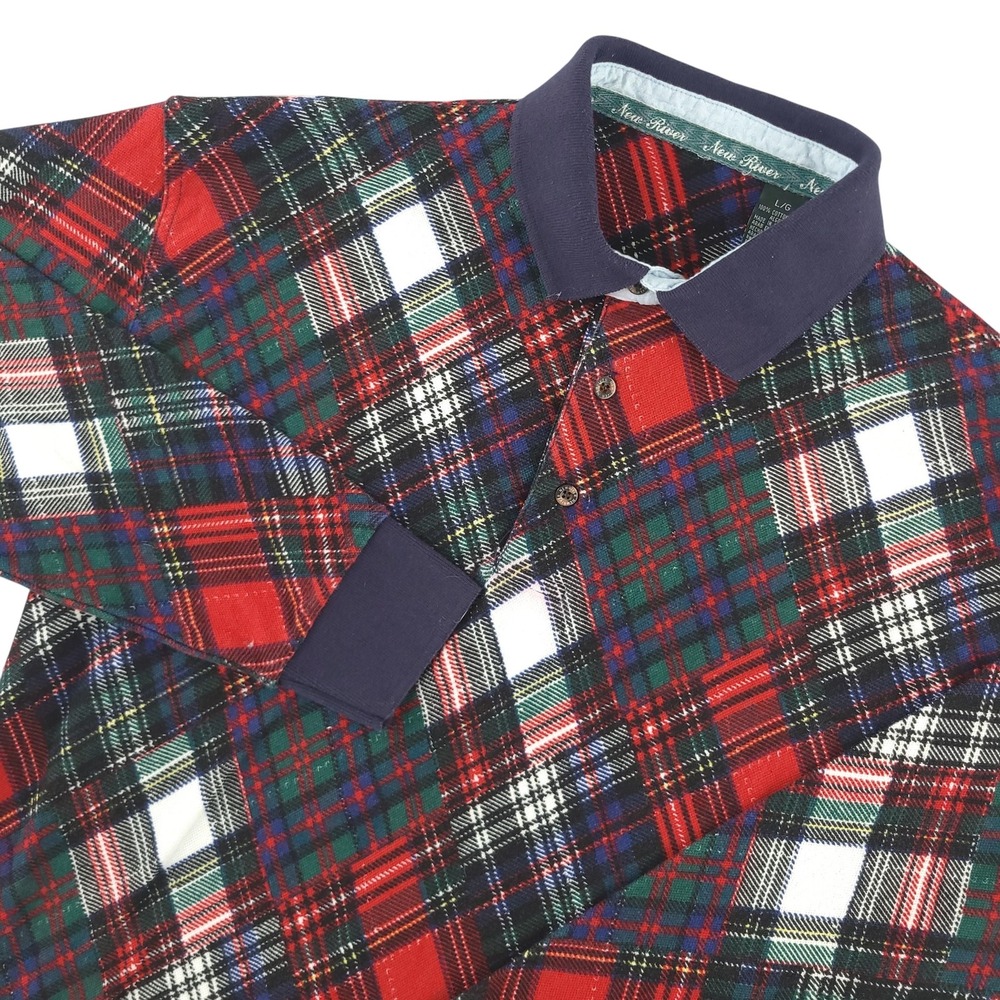 New River Polo Shirt Mens L Red Plaid Flannel Cotton Long Sleeve Casual Top